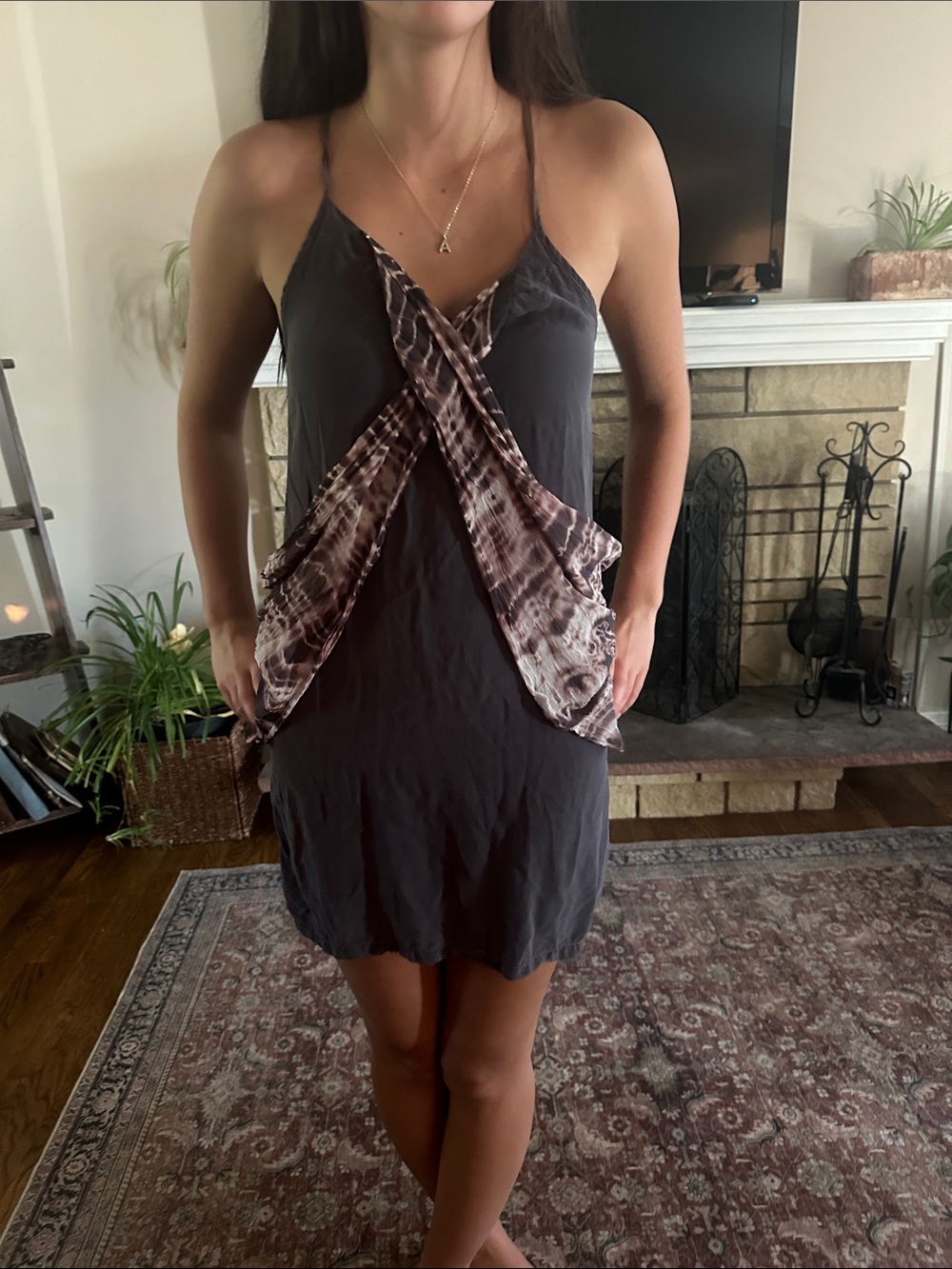 Gypsy 05 Gray Mini Dress with Brown Tie-Dye Overlay